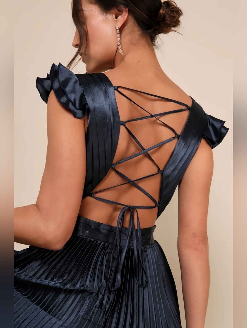 Lulus Exceptional Drama Navy Blue Satin Lace-Up Pleated Maxi Dress S Wedding - Picture 6 of 10